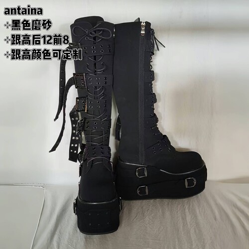 黑色高筒靴增高长筒靴松糕朋克风暗黑美式哥特朋克摇滚主唱厚底鞋