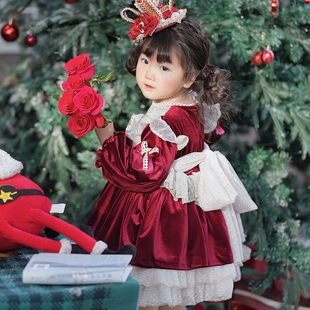 女童连衣裙冬季裙子春秋裙儿童金丝绒周岁生日过年礼服小女孩洋气
