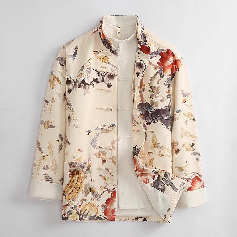 春季中国风唐装外套男春款新款改良长袖外套原创盘扣百鸟印花上衣,男装,唐装,淘宝优惠券,粉丝福利购,淘宝优惠卷