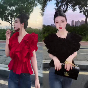 韩版时尚洋气百搭荷叶边V领衬衫女欧货夏季新款V领小众设计上衣潮