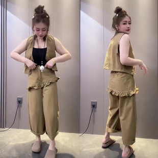 韩范时尚牛仔套装女2026秋季新款短款马甲+木耳边阔腿裤两件套装