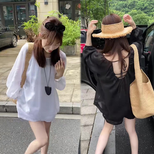 慵懒风防晒套装女2026春夏季新款长袖露背上衣+短裤洋气显瘦两件