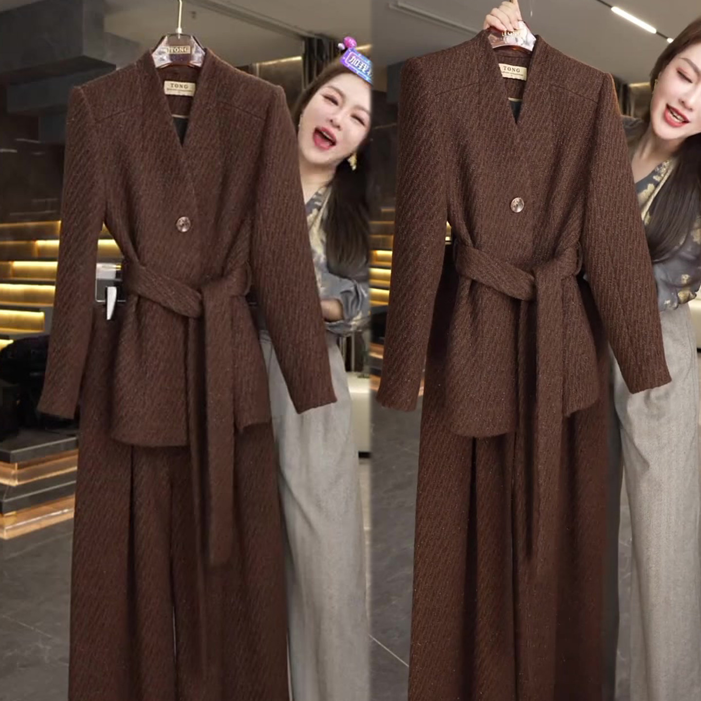 简约大气套装女2025冬季新款V领毛呢绑带外套+高腰阔腿裤两件套装