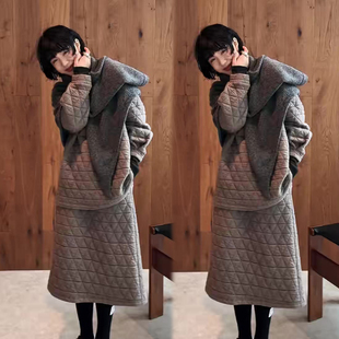 韩版洋气棉服套装女2025冬季新款圆领菱形格上衣+高腰半身裙两件