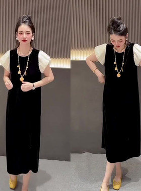 千金风撞色泡泡袖丝绒连衣裙女