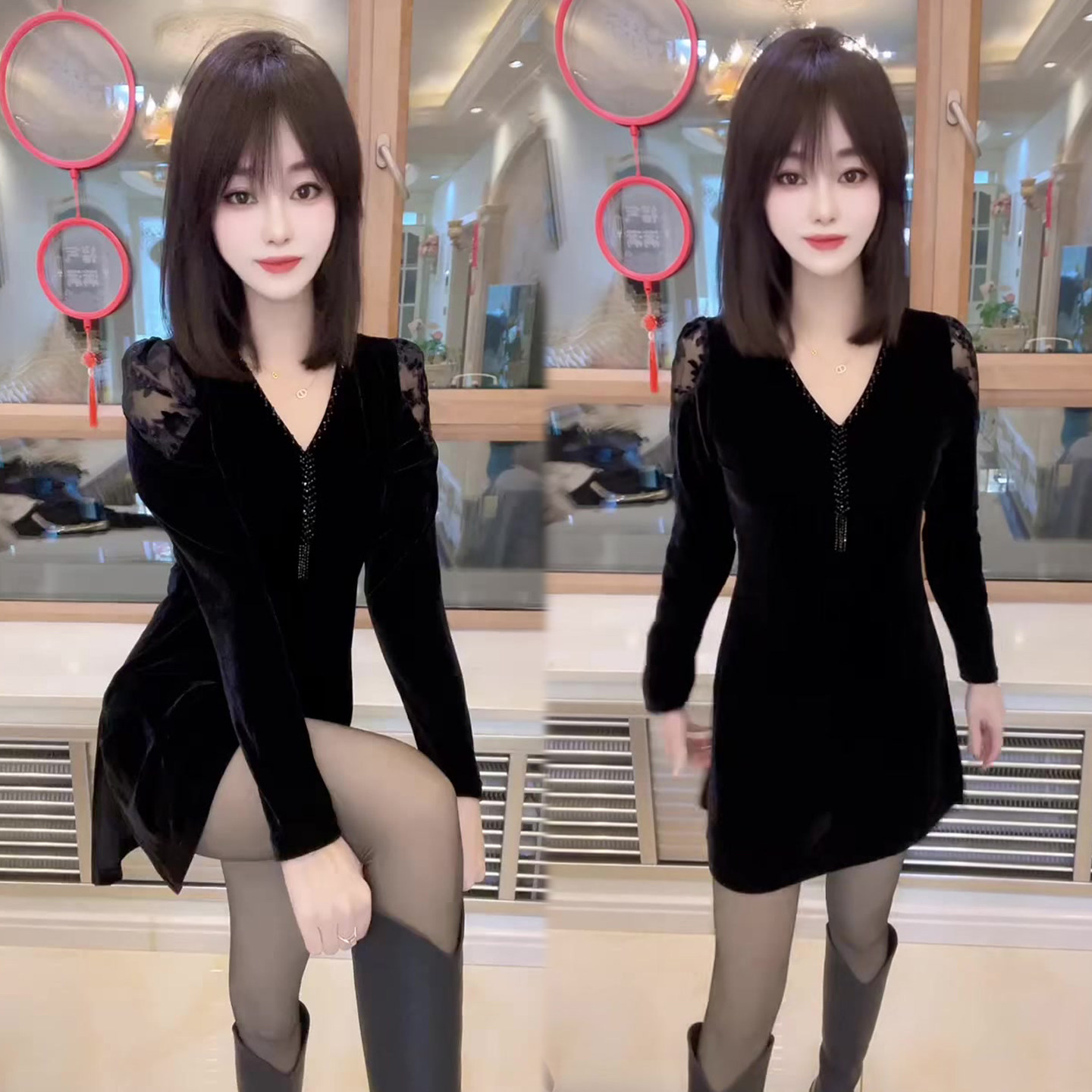 V领丝绒串珠连衣裙女2026秋冬季新款植绒微透泡泡袖中长裙女裙子