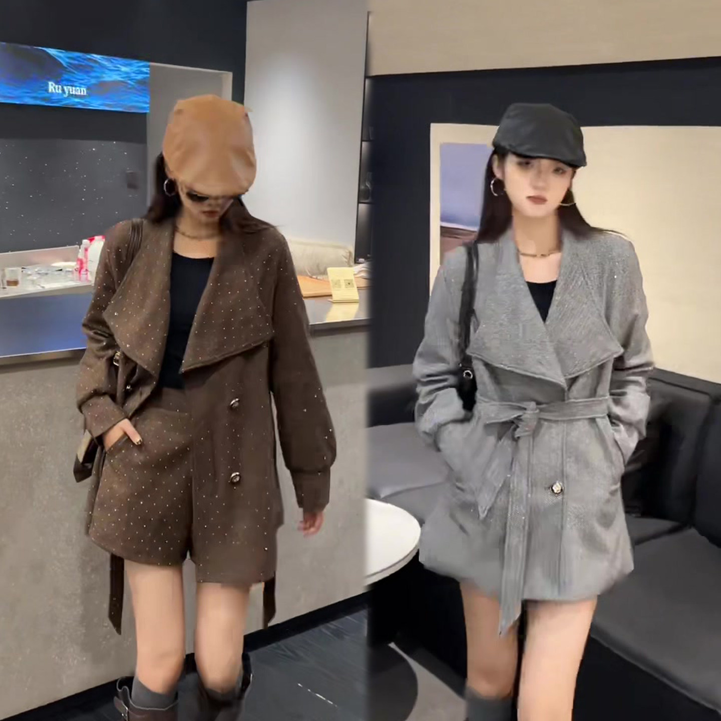 韩版洋气套装女2026春季新款大翻领中长款外套+高腰短裤网红两件,女装/女士精品,时尚套装,淘宝优惠券,粉丝福利购,淘宝优惠卷