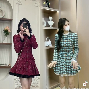 网红爆款时尚连衣裙女2023年春季新款小香风显瘦立领纽扣休闲裙子