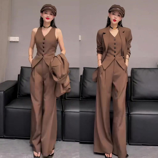 新款 马甲背心 西装 老钱风时尚 高腰阔腿裤 女2025秋季 外套 三件 套装