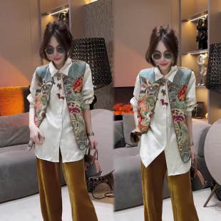 古风套装 丝绒阔腿裤 女2026春季 翻领衬衫 三件套 新刺绣马甲 流行款