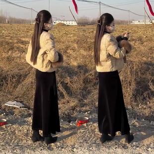 时尚韩系套装女2025冬季新款毛毛袖棉服外套+高腰丝绒半裙两件套