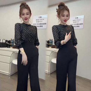 优雅时尚波点雪纺拼接连体裤女2025春季新款收腰显瘦高级感连体衣