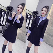 拼接撞色翻领连衣裙女2026春季 中长裙A字裙 网红爆款 新款 减龄韩版