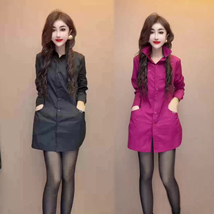 时尚韩系翻领衬衫裙女2025冬季新款遮肉显瘦网红连衣裙女裙中长裙