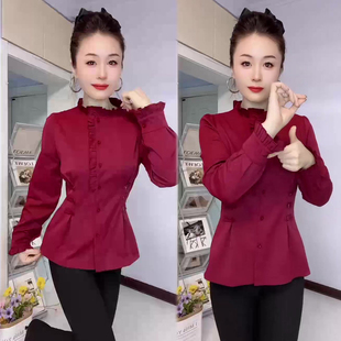 女2025冬季 显瘦小衫 新款 韩版 百搭洋气上衣潮 时尚 木耳边领收腰衬衫