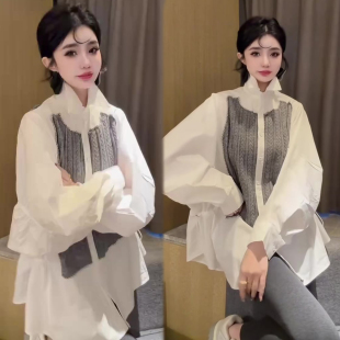 针织拼接翻领衬衫女2026春季新款宽松设计感小众百搭中长款上衣潮