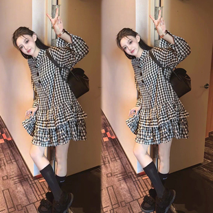 减龄洋气格子蛋糕裙女2026秋季新款高腰显瘦网红爆款中长裙连衣裙