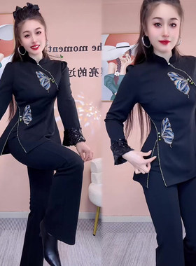 新中式蝴蝶时尚套装衬衫+微喇裤