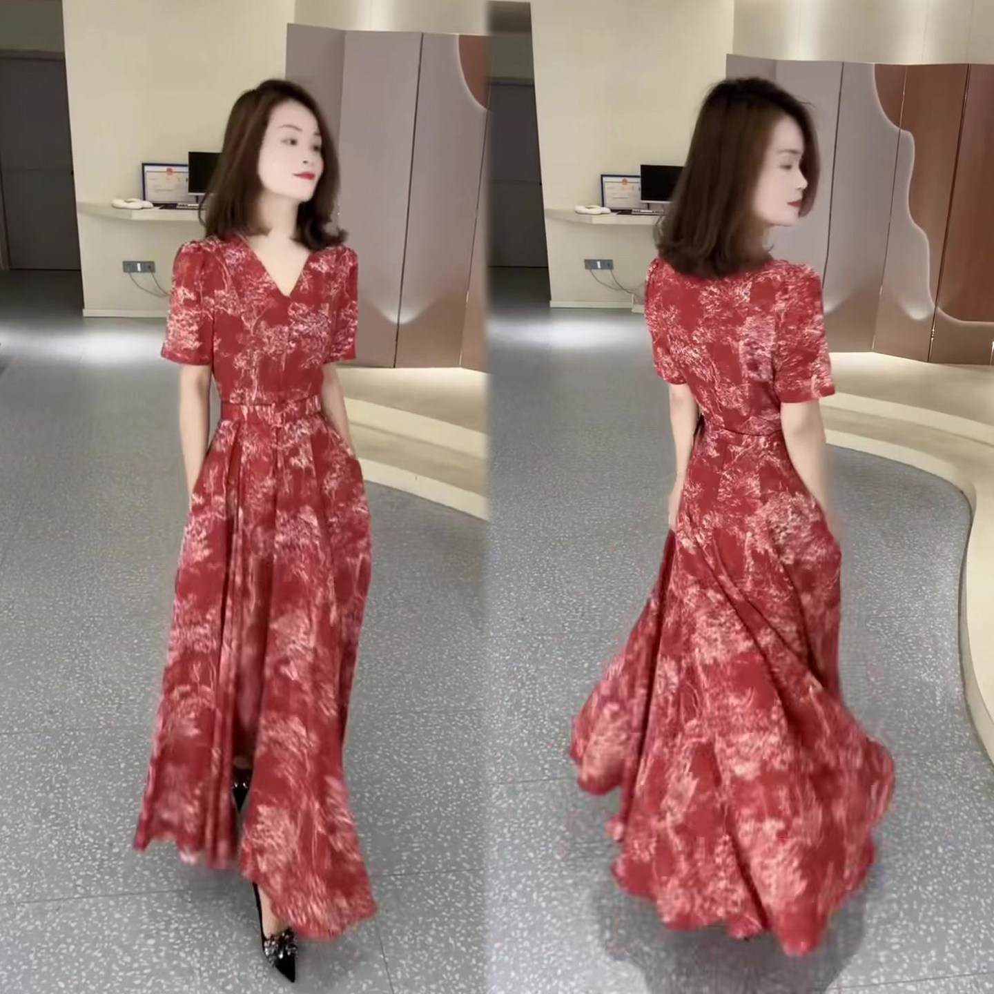 V领短袖收腰显瘦大摆裙女2026春夏季新款气质名媛连衣裙长裙女裙