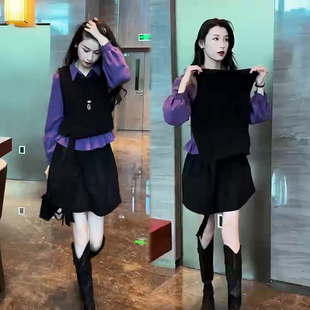 新款 裙2025冬季 网红爆款 翻领衬衫 高腰半裙三件 时尚 马甲 韩系套装