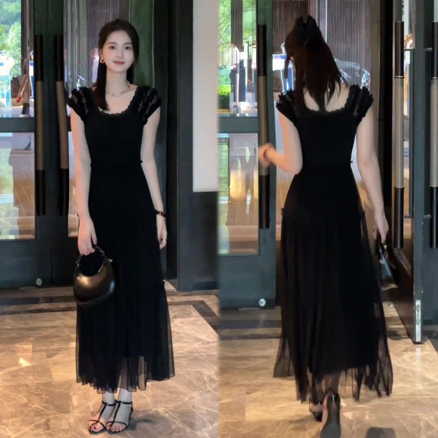 法式黑色方领飞飞袖连衣裙女2026春夏季新款收腰显瘦气质长裙子潮