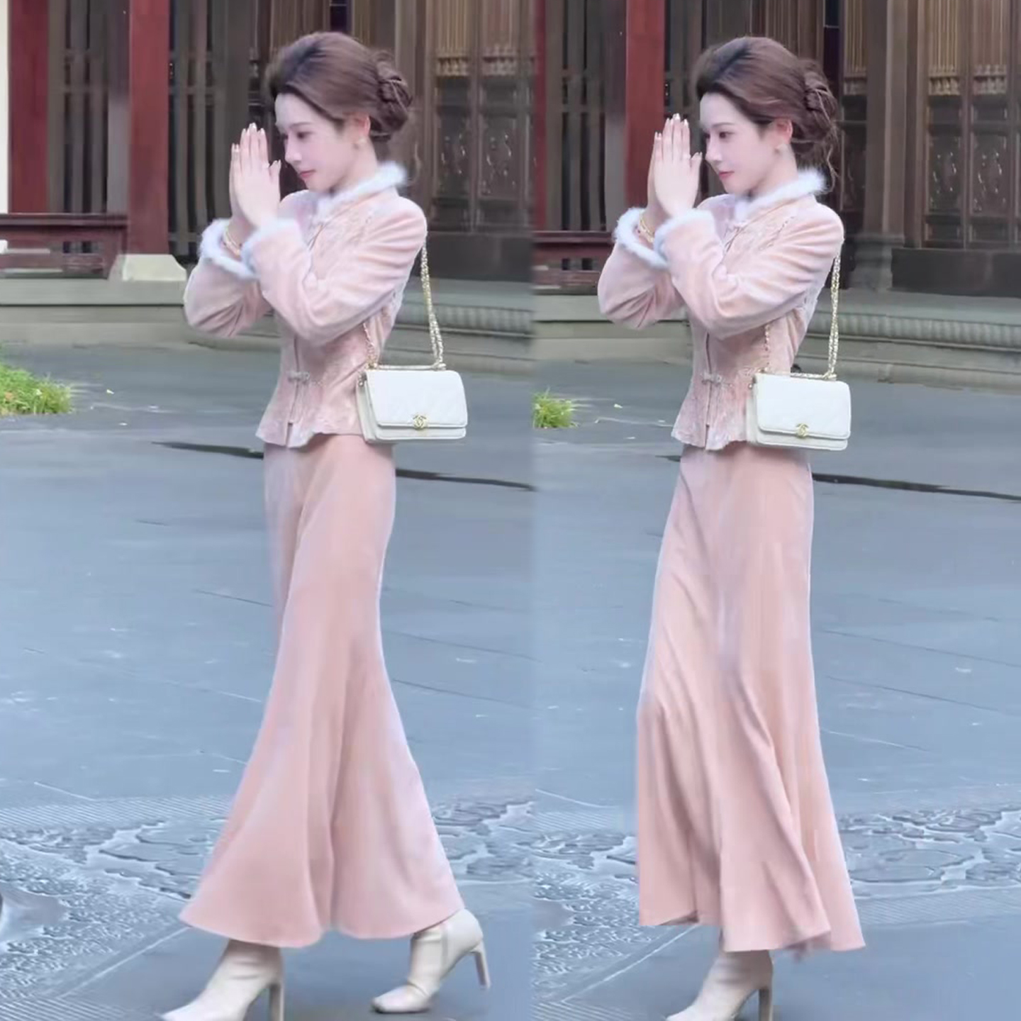 国风减龄时尚套装裙冬季新款毛毛领盘扣上衣+高腰半身长裙两件套