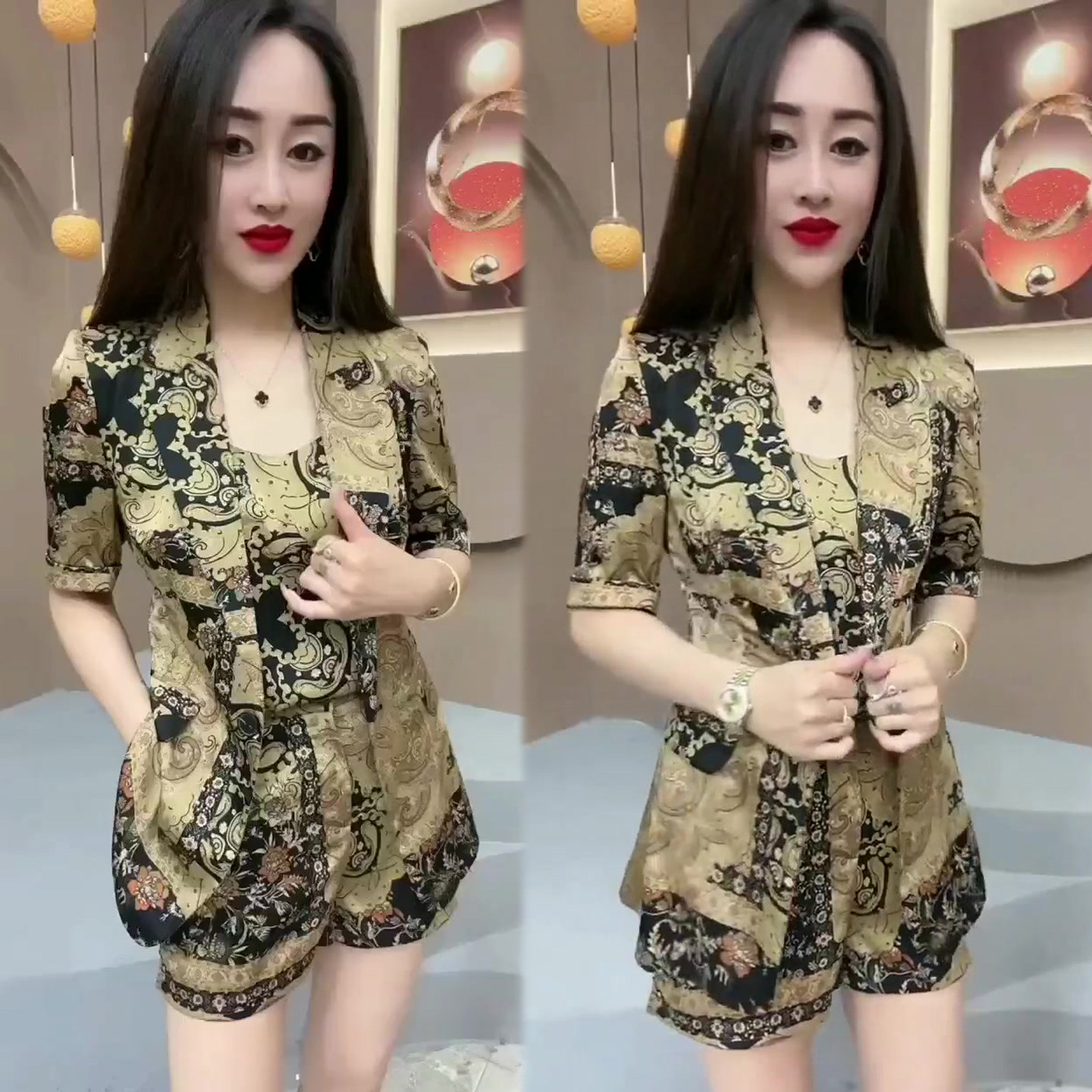 成熟气质印花套装女2026春夏季新款西装领短袖外套+短裤两件套潮