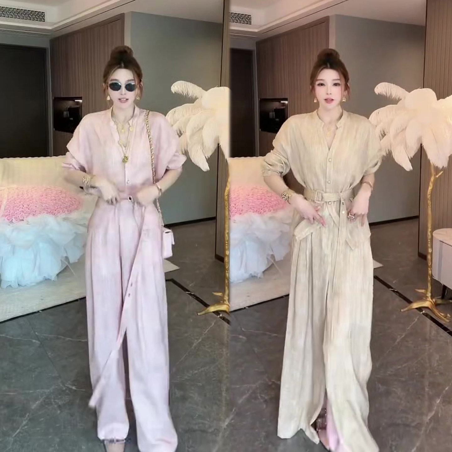 慵懒风时尚套装女2026春季新款薄款V领绑带上衣+阔腿裤长裤两件套