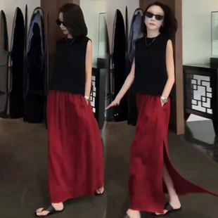 简约百搭背心高腰显瘦半身裙休闲两件套潮 网红同款 时尚 套装 女夏季