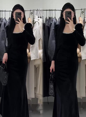 法式赫本风黑色连衣裙2025秋季新款气质高档富家千金感金丝绒裙子