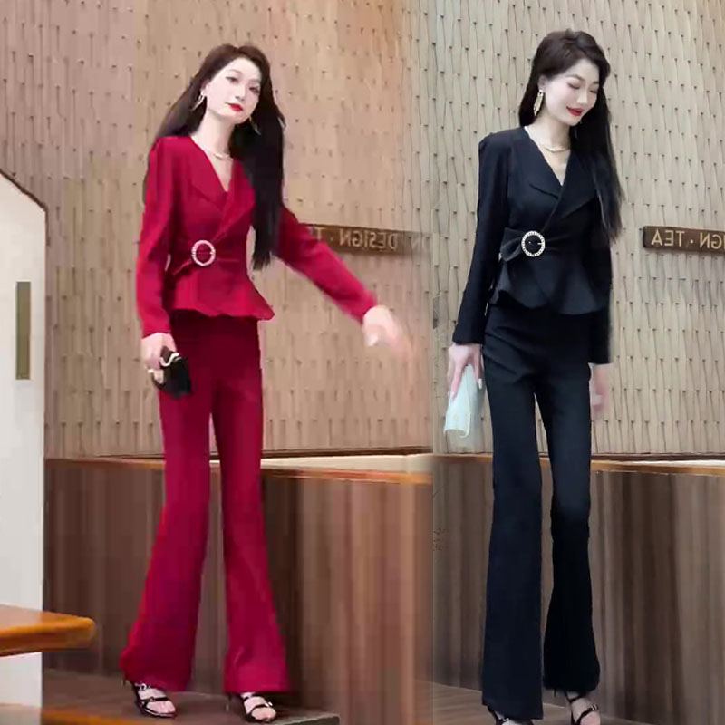气质高街西服套装女2024秋季新款收腰显瘦上衣显瘦微喇裤两件套潮