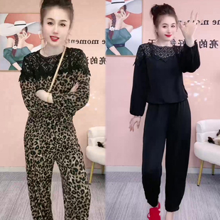 个性潮流豹纹套装女2026夏新款蕾丝拼上衣+束脚裤欧货百搭两件套