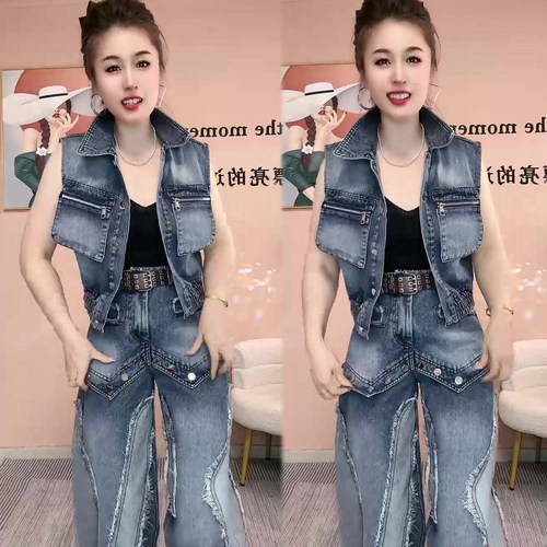 复古个性牛仔时尚套装女马甲裤子