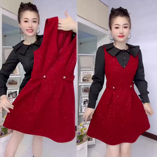 时尚 新款 韩系娃娃领衬衫 V领砍袖 亮晶晶套装 裙两件套装 裙2025冬季