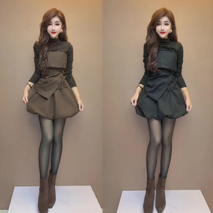潮流洋气时尚套装女2026秋季新款拼接系带打底衫+花苞短裤两件套