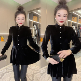 网红爆款金丝绒衬衫女2022年冬季新款韩版显瘦长袖立领休闲上衣潮