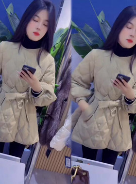 菱形格绑带中长款棉服女