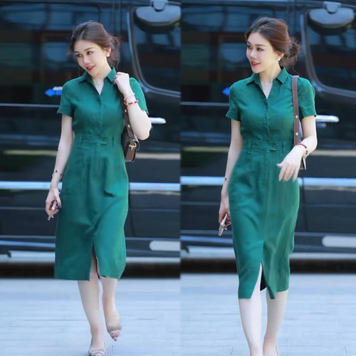 通勤风绿色A字连衣裙女