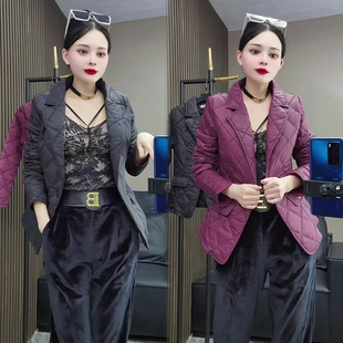 西装领压格棉服外套女冬季收腰遮肉显瘦欧货成熟气质上衣爆款外衣