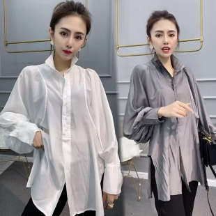 网红同款衬衫女中长款韩版显瘦灯笼袖翻领套头学生休闲上衣大衫潮