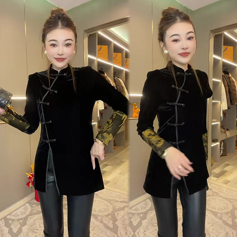 新中式盘扣丝绒改良式旗袍上衣