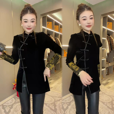 新中式盘扣丝绒改良式旗袍上衣