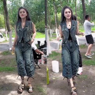 美式个性牛仔时尚套装女2026夏季新款西装领马甲+抽绳裤子两件套