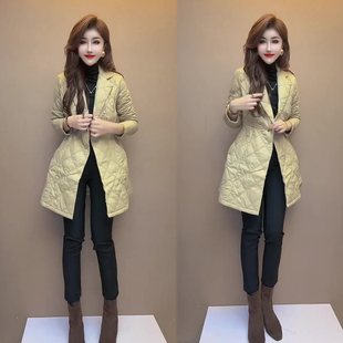 西装领压格中长款棉服外套女2026秋冬季新款时髦洋气显瘦百搭大衣