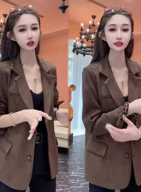 麂皮绒豹纹袖口西服外套女