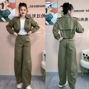韩版气质时尚套装女2026秋季新款短款风衣外套+阔腿裤两件套装潮