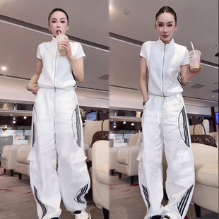 街头时尚休闲套装女2026春夏季新款马甲+侧条纹阔腿裤两件套装潮
