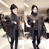 简约风毛毛拼接毛呢大衣女2025冬季 新款 韩系洋气绑带显瘦外套上衣