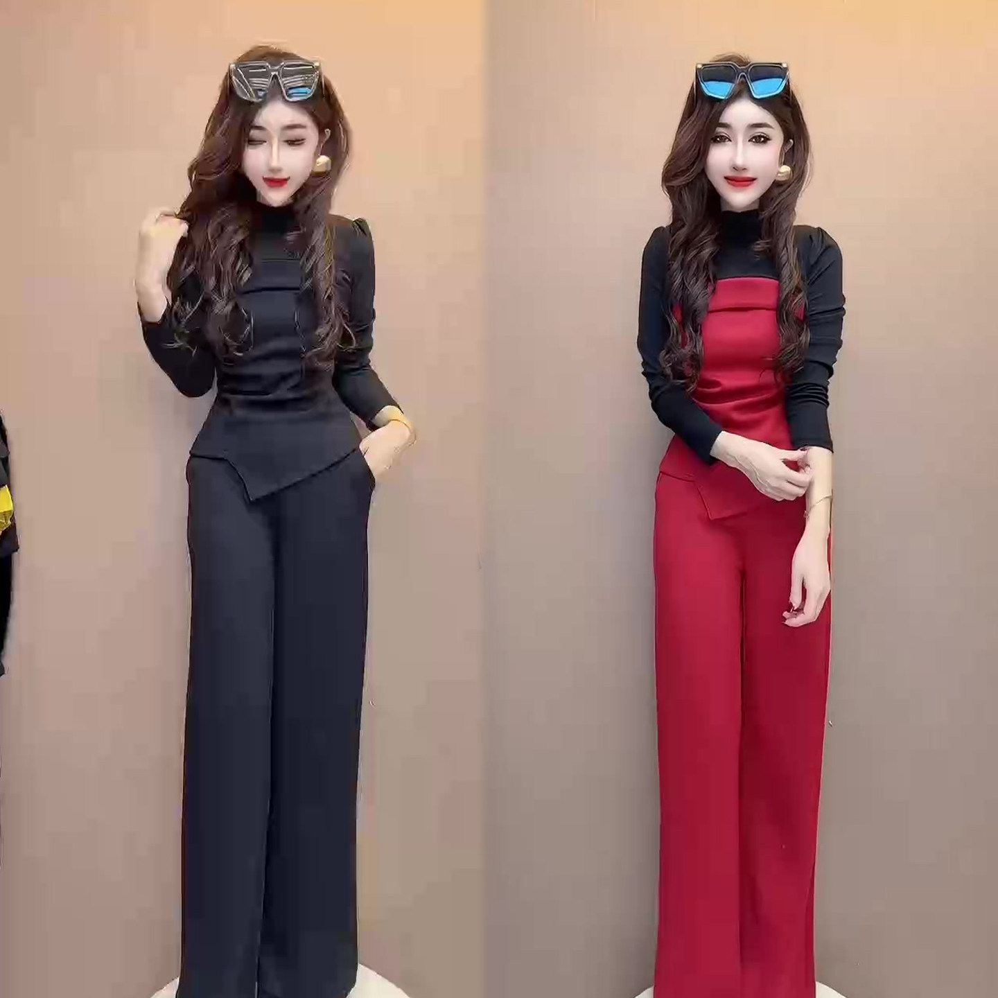 韩系网红时尚套装女2026春季新拼接收腰不规则小衫+阔腿长裤两件,女装/女士精品,时尚套装,淘宝优惠券,粉丝福利购,淘宝优惠卷