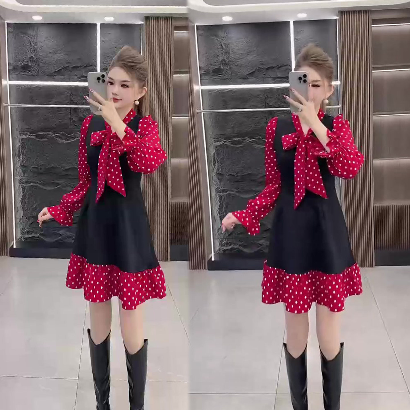 圆点雪纺拼接连衣裙女2026春季新款飘带领韩系减龄高腰中长裙女裙